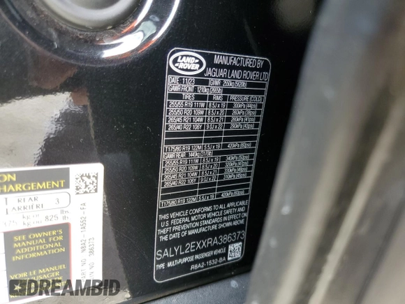 2024 Land Rover Range Rover Velar Dynamic SE with VIN SALYL2EXXRA386373, listed as a Copart auction lot 46256485 with 19,602 mi miles and Salvage title. Bid and sale history available at DreamBid. Image 13.