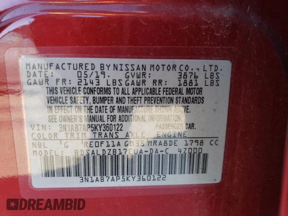 2019 Nissan Sentra S with VIN 3N1AB7AP5KY360122, listed as a Copart auction lot 47047585 with 80,859 mi miles and Salvage Title. Bid and sale history available at carsss.com. Image 13.