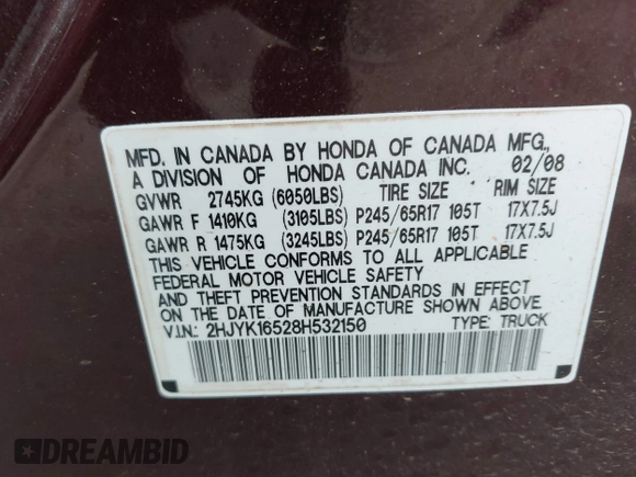 2008 Honda Ridgeline RTL with VIN 2HJYK16528H532150, listed as a IAAI auction lot 42123391 with 153,790 mi miles and . Bid and sale history available at DreamBid. Image 9.