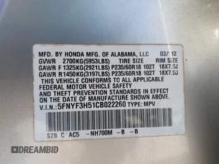 2012 Honda Pilot EX-L with VIN 5FNYF3H51CB022260, listed as a IAAI auction lot 41369328 with 138,829 mi miles. Bid and sale history available at carsss.com. Image 9.