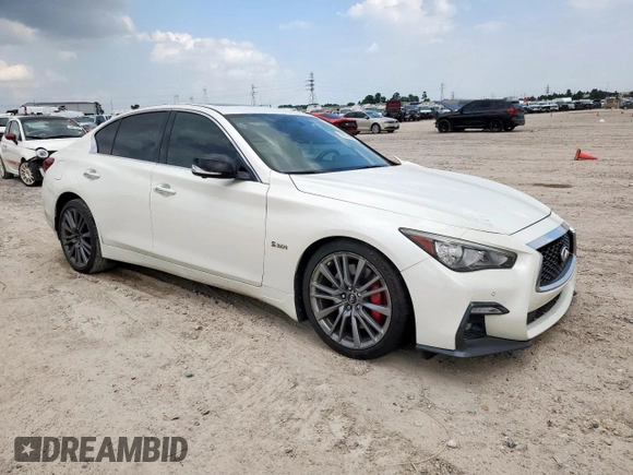 2018 Infiniti Q50 Red Sport 400 with VIN JN1FV7AP4JM460467, listed as a Copart auction lot 57075525 with 182,405 mi miles and Salvage title. Bid and sale history available at DreamBid. Image 4.