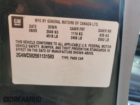 2006 Buick LaCrosse CX with VIN 2G4WC582561131583, listed as a Copart auction lot 65944585 with 89,501 mi miles and Non repairable. Bid and sale history available at DreamBid. Image 13.