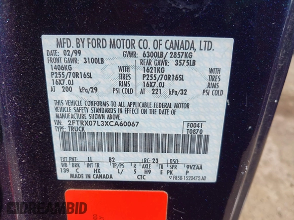 1999 Ford F-150 XL with VIN 2FTRX07L3XCA60067, listed as a IAAI auction lot 41887212 with 176,034 mi miles. Bid and sale history available at carsss.com. Image 9.