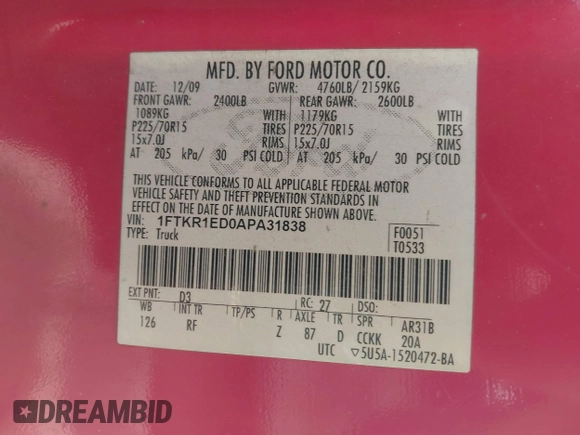 2010 Ford Ranger XL с VIN 1FTKR1ED0APA31838, выставлен на аукционе IAAI как лот 42088480 с пробегом 267 216 миль миль и . История ставок и продаж доступна на DreamBid. Изображение 9.
