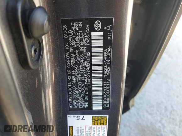 2008 Toyota Prius with VIN JTDKB20U983376482, listed as a Copart auction lot 52452105 with 146,652 mi miles and Salvage Title. Bid and sale history available at carsss.com. Image 12.
