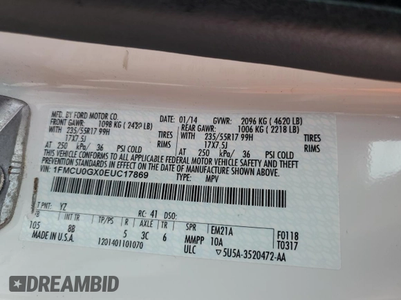 2014 Ford Escape SE with VIN 1FMCU0GX0EUC17869, listed as a Copart auction lot 55393515 with 127,110 mi miles and Clean Title. Bid and sale history available at carsss.com. Image 12.