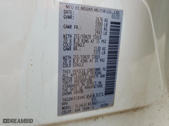 2022 Nissan Pathfinder SL with VIN 5N1DR3CBXNC246321, listed as a Copart auction lot 43754755 with 35,889 mi miles and Salvage Title. Bid and sale history available at carsss.com. Image 15.