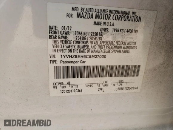 2012 Mazda 6 i Touring Plus with VIN 1YVHZ8EH6C5M27030, listed as a Copart auction lot 76466154 with 103,968 mi miles and Salvage Title. Bid and sale history available at carsss.com. Image 12.