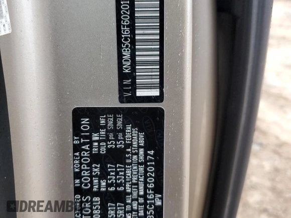 2015 Kia Sedona LX with VIN KNDMB5C16F6020174, listed as a Copart auction lot 45802495 with 103,570 mi miles and Salvage Title. Bid and sale history available at DreamBid. Image 15.