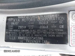 2007 Kia Spectra EX with VIN KNAFE121375453966, listed as a IAAI auction lot 41775758 with 211,586 mi miles. Bid and sale history available at carsss.com. Image 9.
