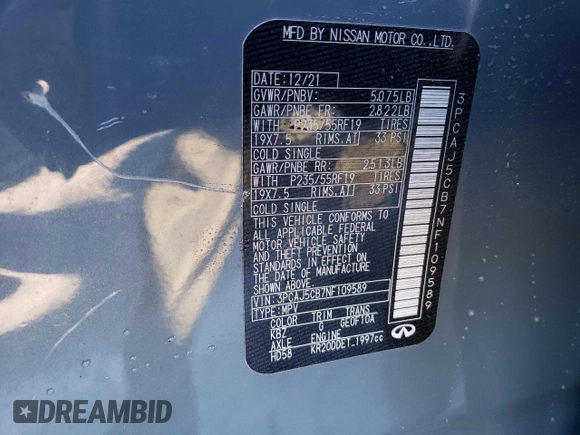 2022 Infiniti QX50 Essential with VIN 3PCAJ5CB7NF109589, listed as a Copart auction lot 41307804 with 15,593 mi miles and Salvage Title. Bid and sale history available at DreamBid. Image 12.