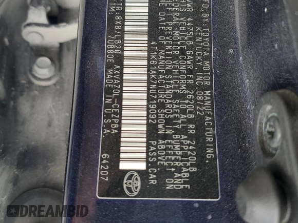 2022 Toyota Camry XSE z VIN 4T1K61AK7NU719092, wystawiony jako Copart lot #78902394 z przebiegiem 85 948 mil mil oraz Szkoda całkowita • Salvage title. Historia ofert i sprzedaży dostępna na DreamBid. Obrazek 12.