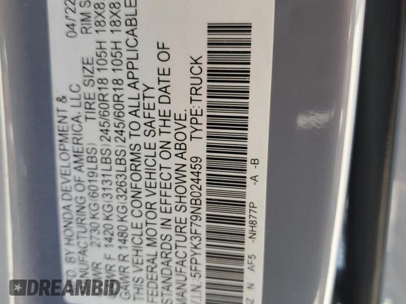 2022 Honda Ridgeline RTL-E with VIN 5FPYK3F79NB024459, listed as a Copart auction lot 59165445 with 21,429 mi miles and Salvage title. Bid and sale history available at DreamBid. Image 12.