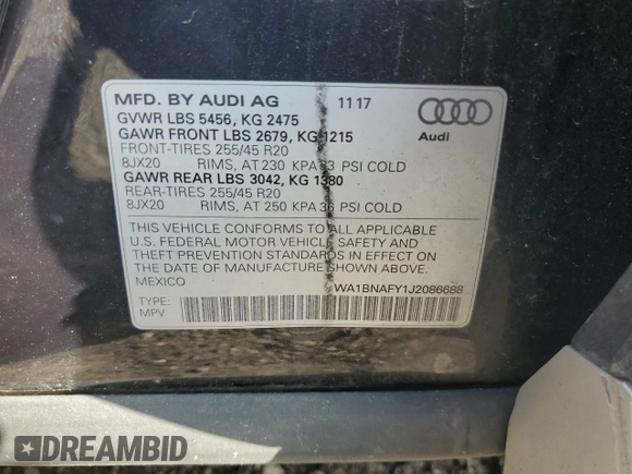 2018 Audi Q5 Premium Plus with VIN WA1BNAFY1J2086688, listed as a Copart auction lot 57216115 with 88,133 mi miles and Salvage title. Bid and sale history available at DreamBid. Image 13.