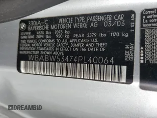 2004 BMW 3 Series 330Ci with VIN WBABW53474PL40064, listed as a Copart auction lot 54555755 with 122,820 mi miles and Salvage title. Bid and sale history available at DreamBid. Image 12.