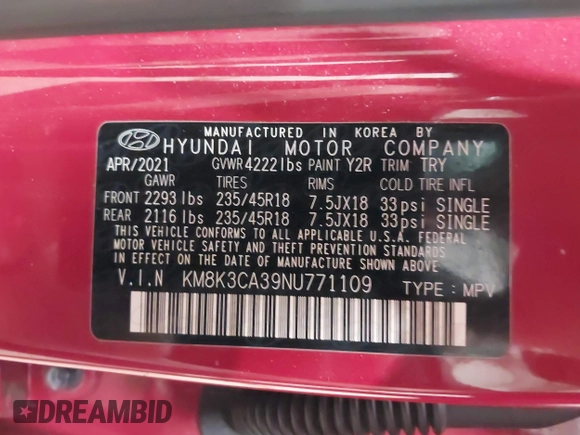 2022 Hyundai Kona N Line with VIN KM8K3CA39NU771109, listed as a IAAI auction lot 41509985 with 21,231 mi miles. Bid and sale history available at carsss.com. Image 9.