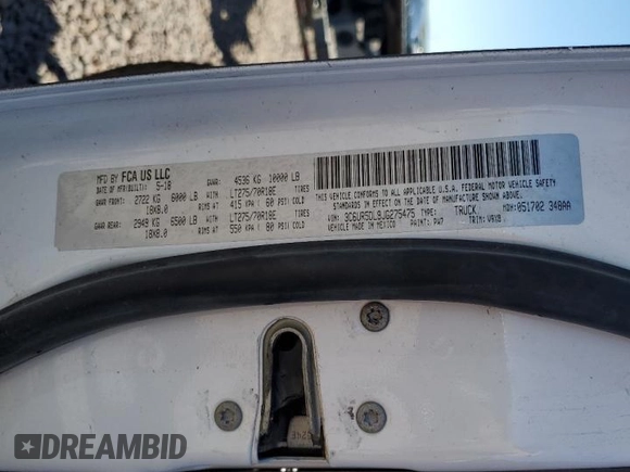 2018 Ram 2500 Big Horn with VIN 3C6UR5DL9JG275475, listed as a Copart auction lot 49694295 with 0 mi miles and Salvage Title. Bid and sale history available at carsss.com. Image 14.