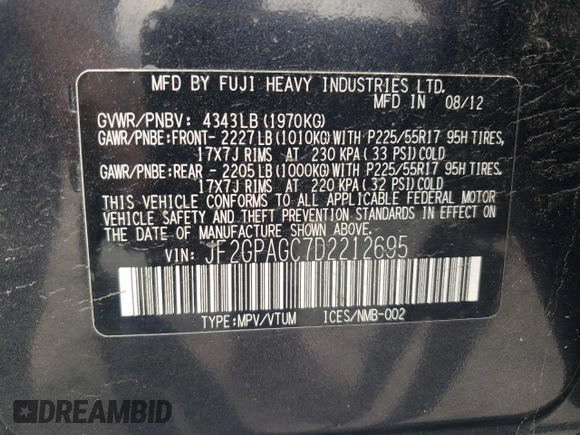 2013 Subaru Crosstrek Limited с VIN JF2GPAGC7D2212695, выставлен на аукционе Copart как лот 60256195 с пробегом 233 195 миль миль и Чистый • Clean title. История ставок и продаж доступна на DreamBid. Изображение 13.