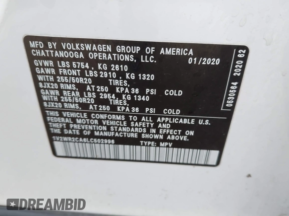 2020 Volkswagen Atlas SE with VIN 1V2WR2CA6LC502996, listed as a IAAI auction lot 42345898 with 94,627 mi miles and . Bid and sale history available at DreamBid. Image 9.