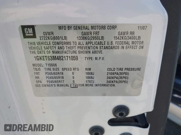 2008 GMC Envoy Denali with VIN 1GKET63M482171059, listed as a IAAI auction lot 42109163 with 173,415 mi miles. Bid and sale history available at carsss.com. Image 9.