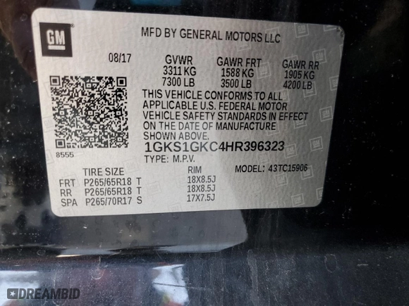 2017 GMC Yukon XL SLT with VIN 1GKS1GKC4HR396323, listed as a Copart auction lot 49913775 with 168,390 mi miles and Salvage Title. Bid and sale history available at carsss.com. Image 13.
