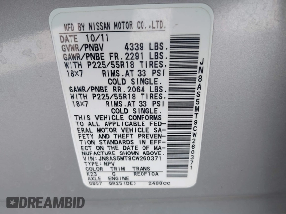 2012 Nissan Rogue SL with VIN JN8AS5MT9CW260371, listed as a IAAI auction lot 40559973 with 197,142 mi miles and . Bid and sale history available at DreamBid. Image 9.