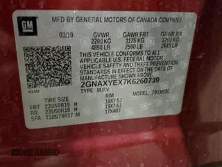 2019 Chevrolet Equinox Premier with VIN 2GNAXYEX7K6260739, listed as a Copart auction lot 87588135 with 127,169 mi miles and Salvage Title. Bid and sale history available at carsss.com. Image 14.