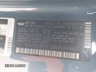 2010 MINI Convertible with VIN WMWMR3C53ATU97865, listed as a IAAI auction lot 41610670 with 154,457 mi miles and . Bid and sale history available at DreamBid. Image 9.