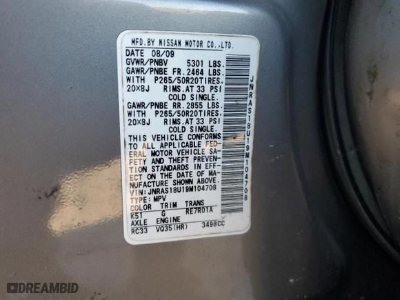 2009 Infiniti FX35 with VIN JNRAS18U19M104708, listed as a Copart auction lot 41699225 with 96,688 mi miles and Salvage Title. Bid and sale history available at carsss.com. Image 13.