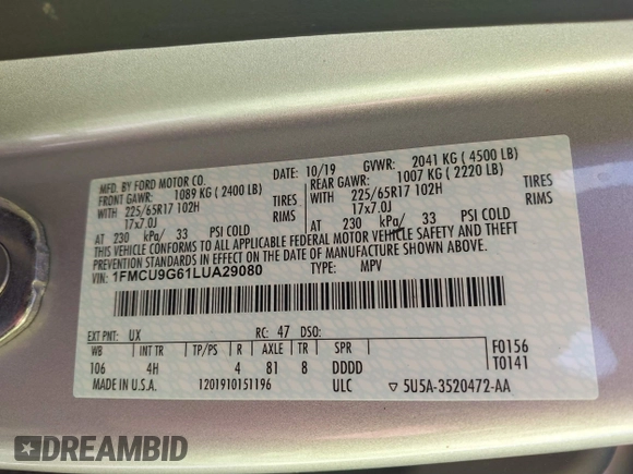 2020 Ford Escape SE z VIN 1FMCU9G61LUA29080, wystawiony jako IAAI lot #37583062 z przebiegiem Nie podano mil oraz . Historia ofert i sprzedaży dostępna na DreamBid. Obrazek 9.