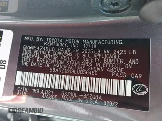 2020 Lexus ES 350 with VIN 58ADZ1B19LU056460, listed as a IAAI auction lot 42530160 with 26,116 mi miles and . Bid and sale history available at DreamBid. Image 9.