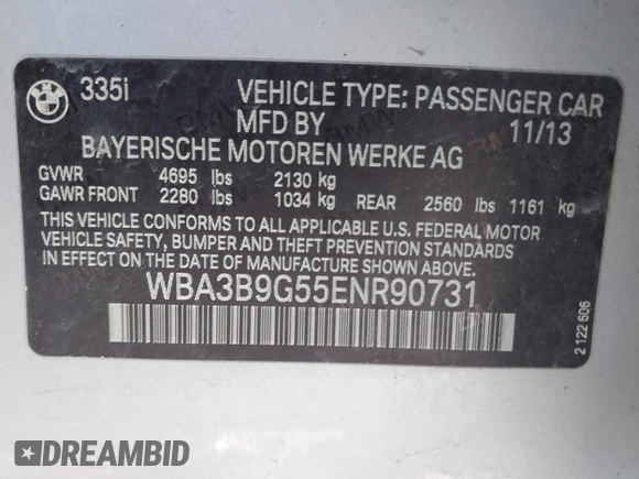 2014 BMW 3 Series 335i xDrive with VIN WBA3B9G55ENR90731, listed as a IAAI auction lot 41807046 with 45,752 mi miles and . Bid and sale history available at carsss.com. Image 9.