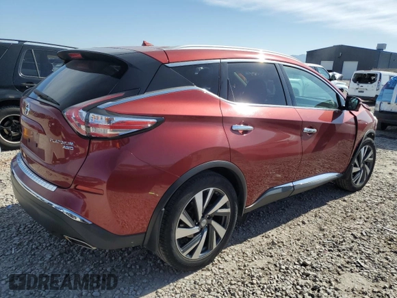 2015 Nissan Murano Platinum with VIN 5N1AZ2MH4FN284018, listed as a Copart auction lot 57793505 with 68,990 mi miles and Salvage title. Bid and sale history available at DreamBid. Image 3.