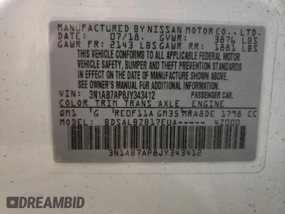 2018 Nissan Sentra S z VIN 3N1AB7AP8JY343412, wystawiony jako Copart lot #48033835 z przebiegiem 56 222 mil mil oraz Szkoda całkowita • Salvage title. Historia ofert i sprzedaży dostępna na DreamBid. Obrazek 15.