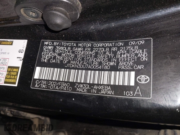 2010 Toyota Prius II with VIN JTDKN3DU7A0054180, listed as a IAAI auction lot 42174990 with 429,868 mi miles. Bid and sale history available at carsss.com. Image 9.