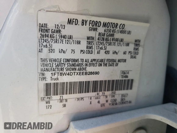 2014 Ford F-450 XL с VIN 1FT8W4DTXEEB28690, выставлен на аукционе Copart как лот 75767634 с пробегом 284 347 миль миль и Списание • Salvage title. История ставок и продаж доступна на DreamBid. Изображение 12.