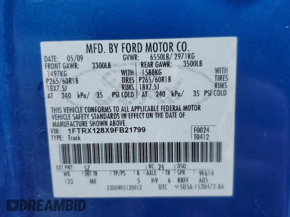 2009 Ford F-150 STX with VIN 1FTRX128X9FB21799, listed as a Copart auction lot 58263855 with 214,192 mi miles and Salvage title. Bid and sale history available at DreamBid. Image 12.