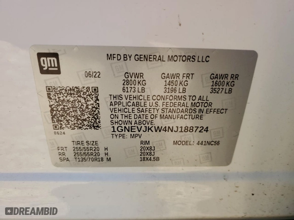 2022 Chevrolet Traverse RS with VIN 1GNEVJKW4NJ188724, listed as a Copart auction lot 80126094 with 46,791 mi miles and Salvage Title. Bid and sale history available at carsss.com. Image 15.