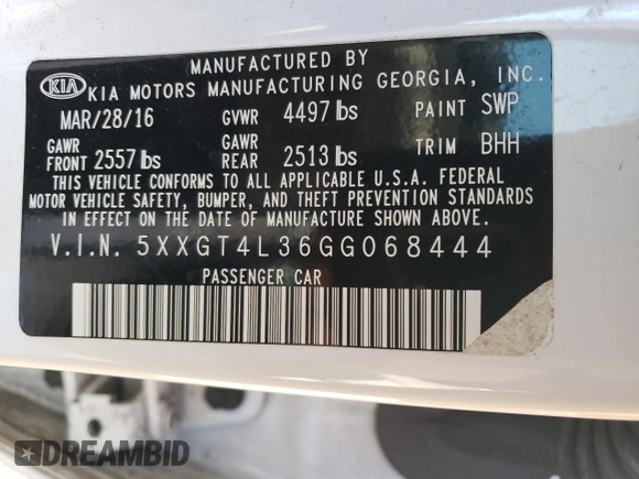 2016 Kia Optima LX with VIN 5XXGT4L36GG068444, listed as a Copart auction lot 51160515 with 80,083 mi miles and Clean Title. Bid and sale history available at carsss.com. Image 12.