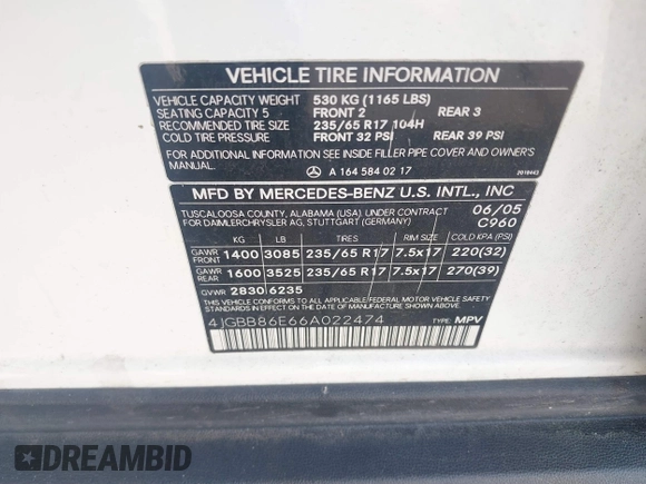 2006 Mercedes-Benz M 350 with VIN 4JGBB86E66A022474, listed as a IAAI auction lot 41791639 with 156,729 mi miles and . Bid and sale history available at DreamBid. Image 9.