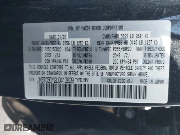 2020 Mazda CX-9 Grand Touring with VIN JM3TCBDY2L0413839, listed as a IAAI auction lot 41720713 with 48,964 mi miles and . Bid and sale history available at DreamBid. Image 9.