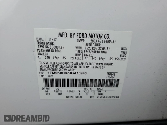 2018 Ford Explorer XLT с VIN 1FM5K8D87JGA16943, выставлен на аукционе Copart как лот 57032645 с пробегом 63 752 миль миль и Списание • Salvage title. История ставок и продаж доступна на DreamBid. Изображение 13.