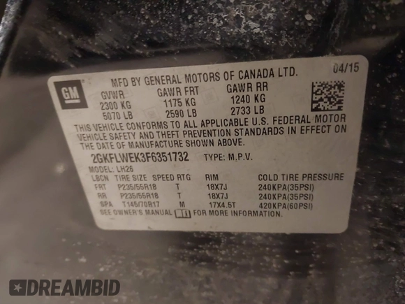 2015 GMC Terrain SLE with VIN 2GKFLWEK3F6351732, listed as a IAAI auction lot 41673254 with 152,914 mi miles and . Bid and sale history available at carsss.com. Image 9.