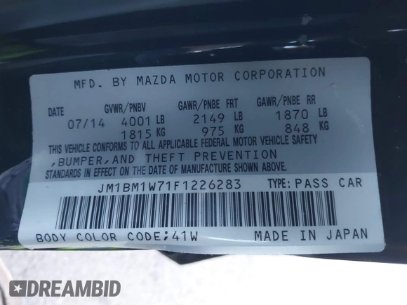 2015 Mazda 3 i Grand Touring with VIN JM1BM1W71F1226283, listed as a IAAI auction lot 41450177 with 136,621 mi miles and . Bid and sale history available at DreamBid. Image 9.