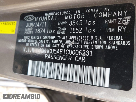 2012 Hyundai Accent SE with VIN KMHCU5AE1CU006231, listed as a IAAI auction lot 42263193 with 104,845 mi miles and . Bid and sale history available at DreamBid. Image 9.