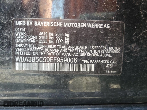 2014 BMW 3 Series 328i xDrive z VIN WBA3B5C59EF959006, wystawiony jako Copart lot #62296025 z przebiegiem Nie podano mil oraz Szkoda całkowita • Salvage title. Historia ofert i sprzedaży dostępna na DreamBid. Obrazek 12.