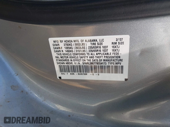 2007 Honda Odyssey EX-L with VIN 5FNRL38677B054173, listed as a IAAI auction lot 41888792 with 142,438 mi miles and . Bid and sale history available at DreamBid. Image 9.
