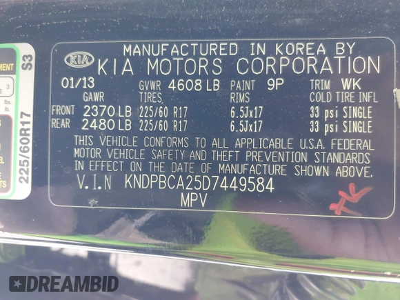 2013 Kia Sportage LX with VIN KNDPBCA25D7449584, listed as a IAAI auction lot 42489414 with 100,993 mi miles and . Bid and sale history available at DreamBid. Image 9.