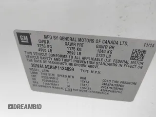 2015 Chevrolet Equinox LS z VIN 2GNALAEK5F1124099, wystawiony jako IAAI lot #42274331 z przebiegiem 177 577 mil mil oraz . Historia ofert i sprzedaży dostępna na DreamBid. Obrazek 9.