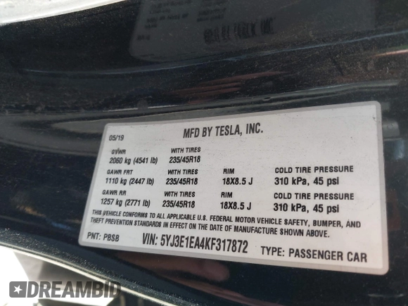 2019 Tesla Model 3 Mid Range z VIN 5YJ3E1EA4KF317872, wystawiony jako IAAI lot #41491269 z przebiegiem 90 772 mil mil oraz . Historia ofert i sprzedaży dostępna na DreamBid. Obrazek 9.